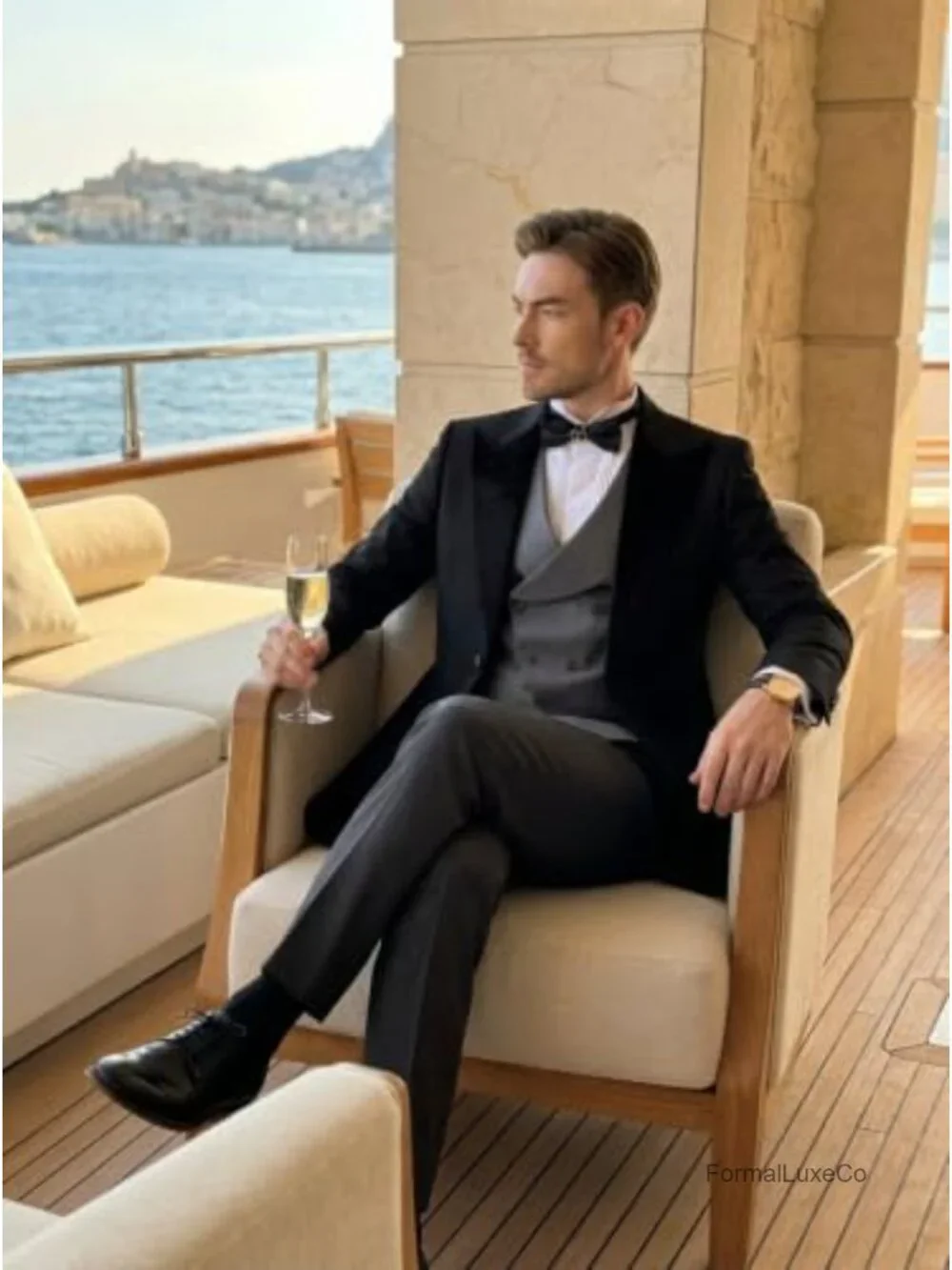 Men's 3 Piece Slim Fit Tuxedo Suit with Velvet Collar, Double Breasted Vest,